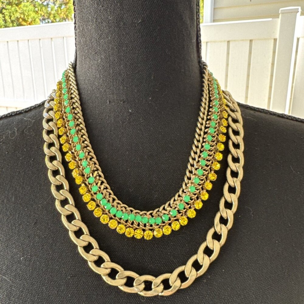 Cara New York Green Yellow Gold Tone Layered 5 Chain Statement Necklace NEW